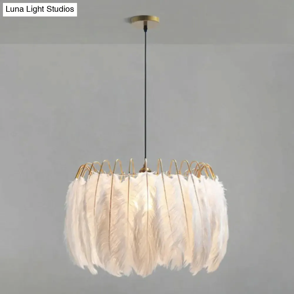 Modern White Feather Pendant Light for Living Room - Round Shape, Hanging Ceiling Light