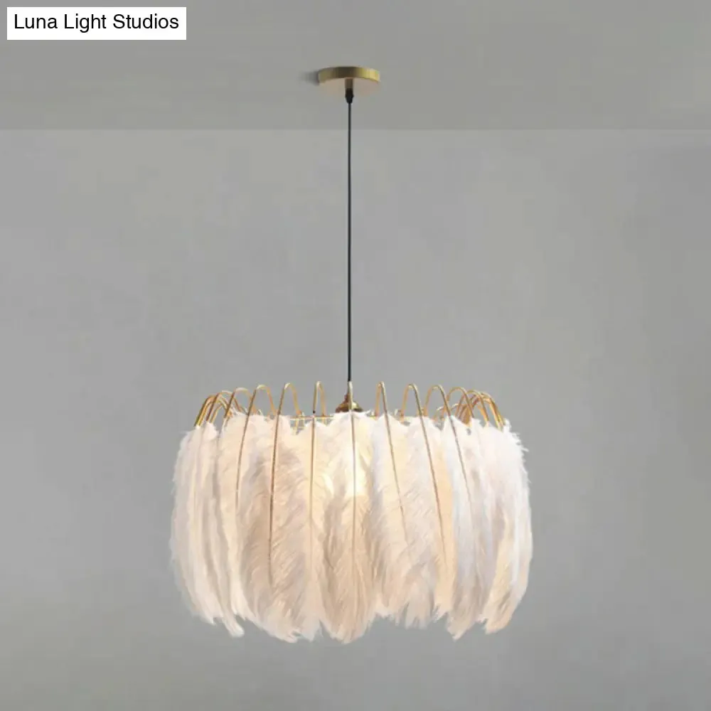 Modern White Feather Pendant Light for Living Room - Round Shape, Hanging Ceiling Light