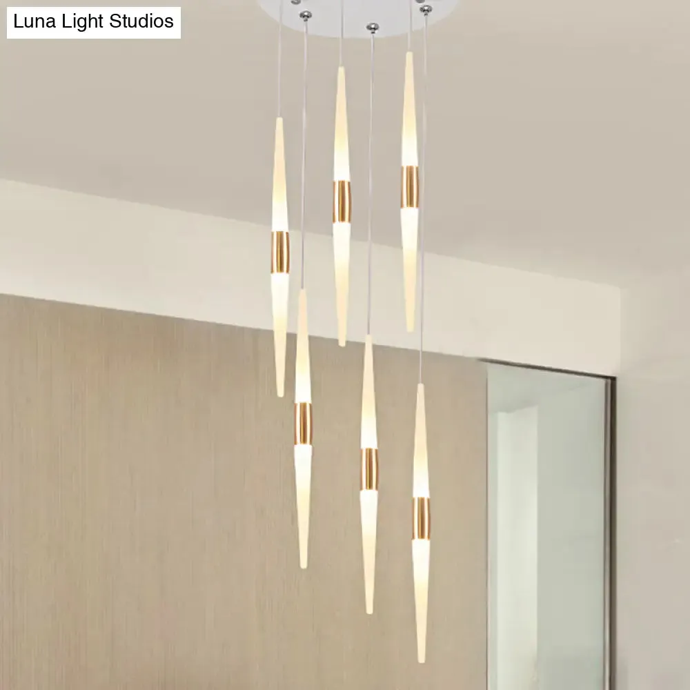 Modernist Acrylic Flute Pendant Light with Cluster Design - 5/6 Lights, White Finish - Ceiling Hanging Lamp Fixture with Round/Linear Canopy in White/Warm Light