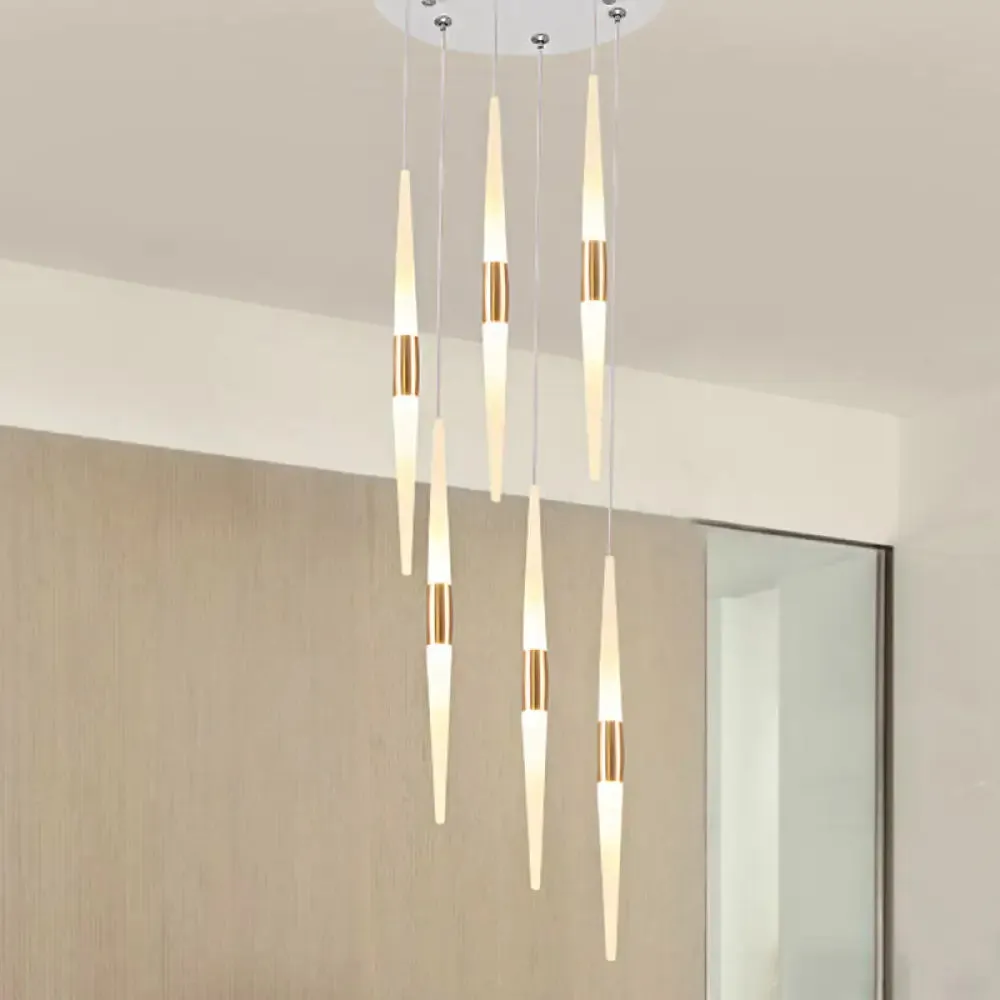 Modernist Acrylic Flute Pendant Light with Cluster Design - 5/6 Lights, White Finish - Ceiling Hanging Lamp Fixture with Round/Linear Canopy in White/Warm Light