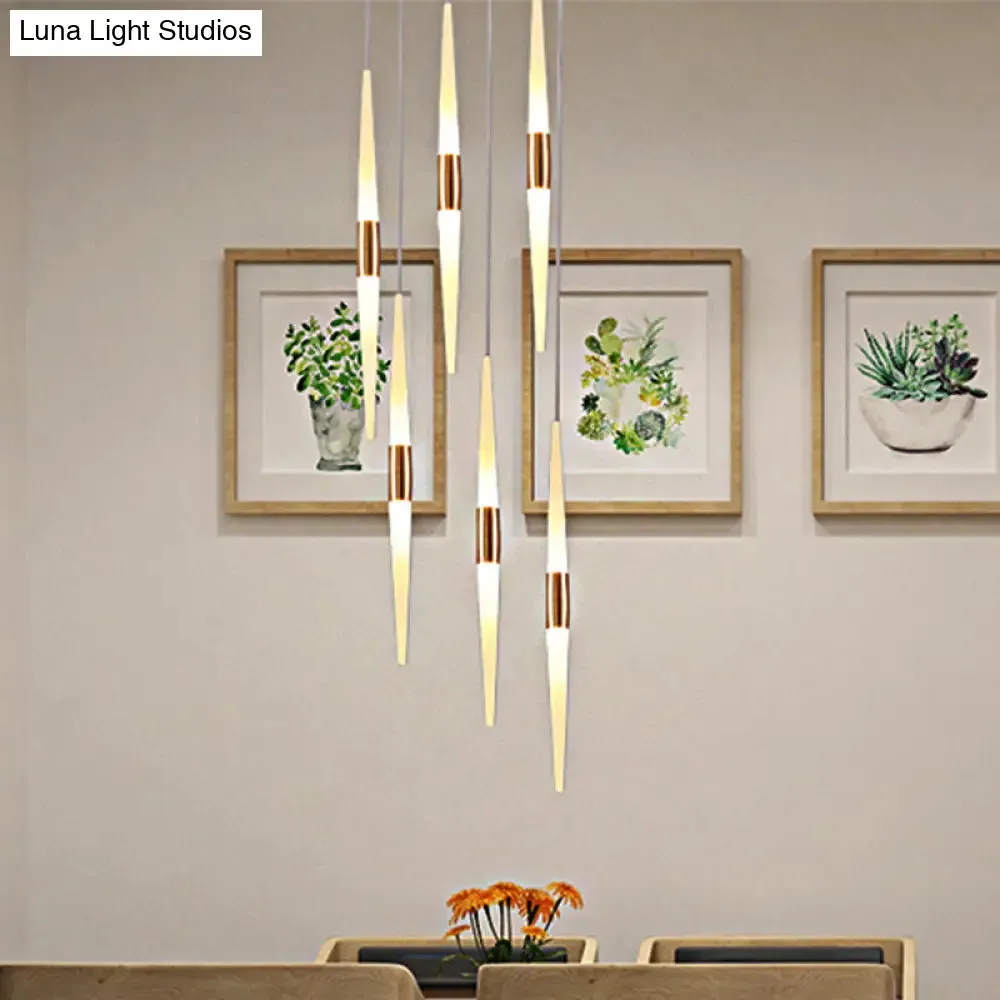 Modernist Acrylic Flute Pendant Light with Cluster Design - 5/6 Lights, White Finish - Ceiling Hanging Lamp Fixture with Round/Linear Canopy in White/Warm Light