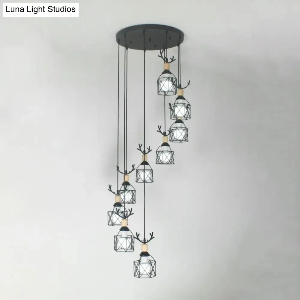 Modernist Black Hexagon Cage Pendant Lamp with Spiral Design - Metal Multiple Hanging Light