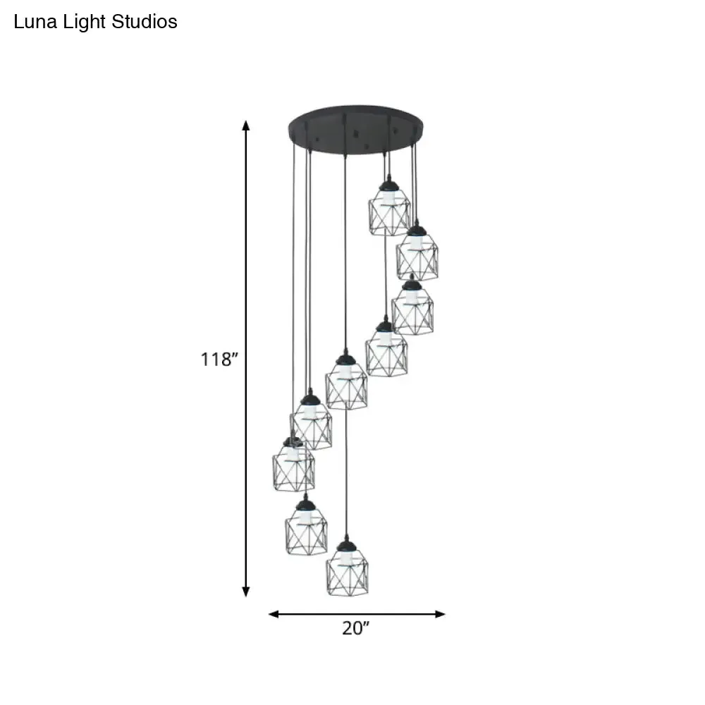 Modernist Black Hexagon Cage Pendant Lamp with Spiral Design - Metal Multiple Hanging Light