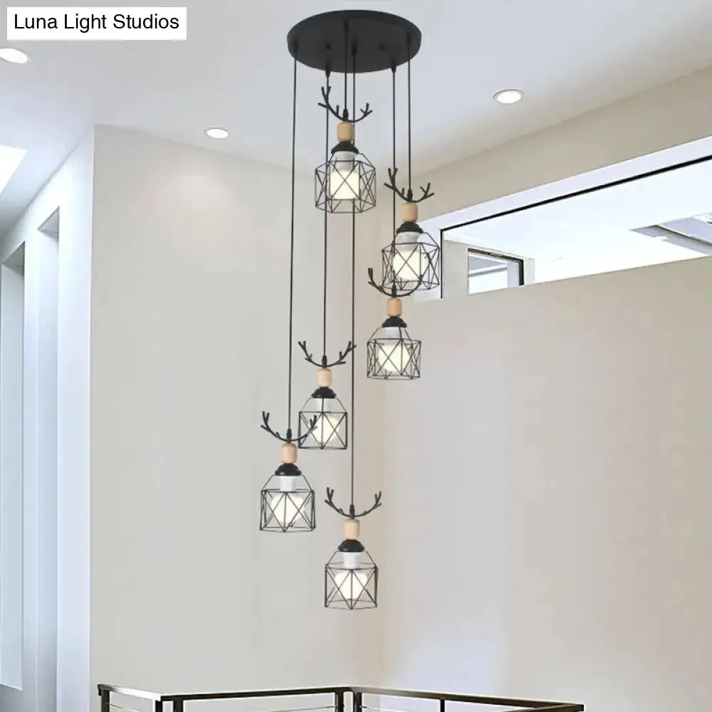 Modernist Black Hexagon Cage Pendant Lamp with Spiral Design - Metal Multiple Hanging Light