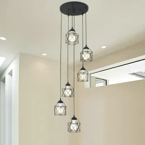 Modernist Black Hexagon Cage Pendant Lamp with Spiral Design - Metal Multiple Hanging Light