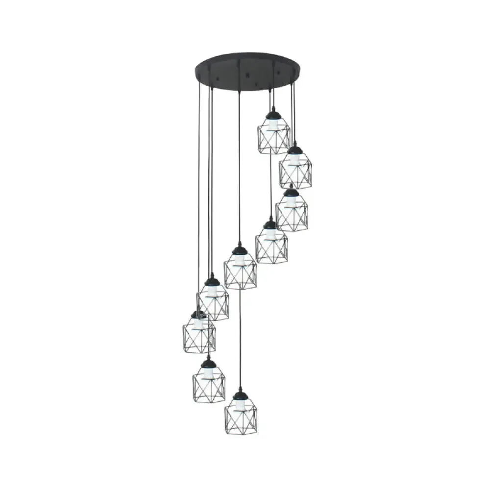 Modernist Black Hexagon Cage Pendant Lamp with Spiral Design - Metal Multiple Hanging Light