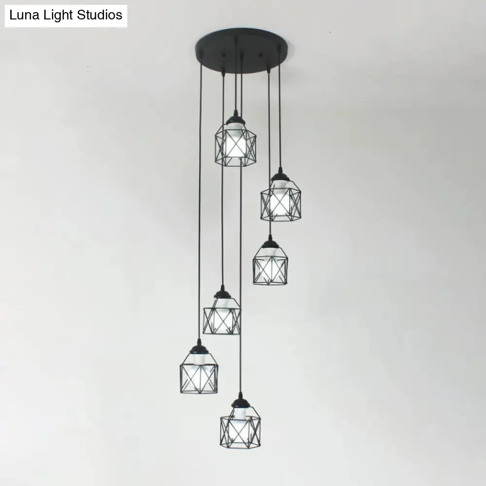 Modernist Black Hexagon Cage Pendant Lamp with Spiral Design - Metal Multiple Hanging Light