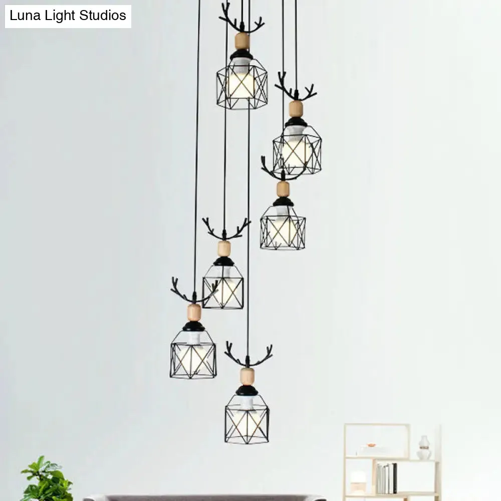 Modernist Black Hexagon Cage Pendant Lamp with Spiral Design - Metal Multiple Hanging Light