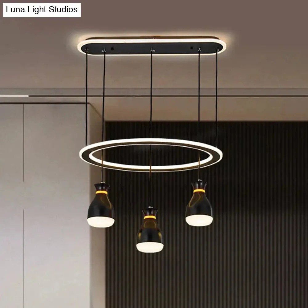 Modernist Wine Jar LED Pendant Light - Black Acrylic, 3 Lights, Dining Room Lamp with Loop Detail