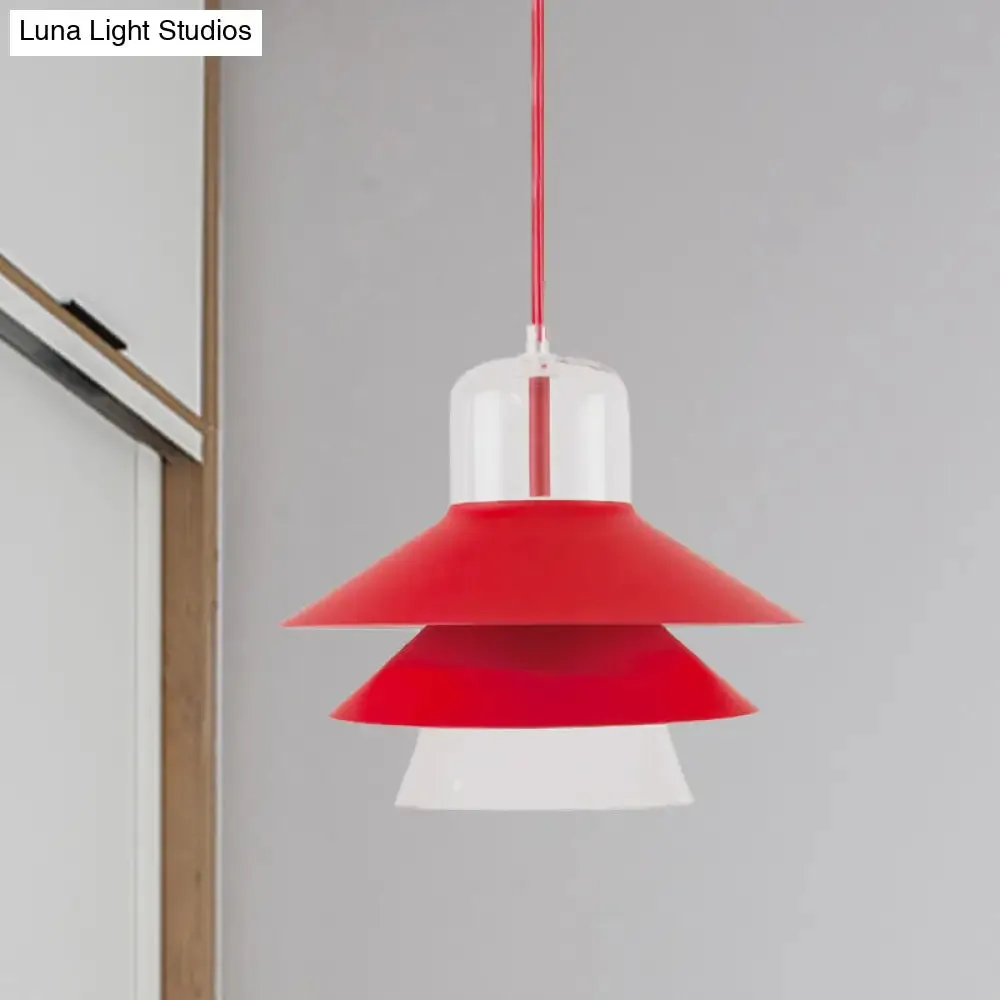 Nordic Tiered Cone Shade Pendant Light - Metal and Glass, Gray/White/Red, 1-Light, Indoor Ceiling Fixture