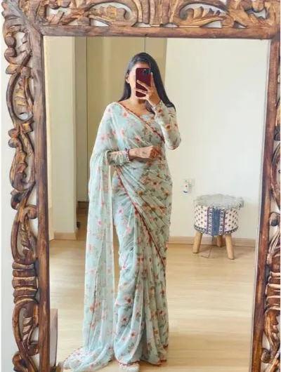 One Minute Light Blue Floral Print Saree