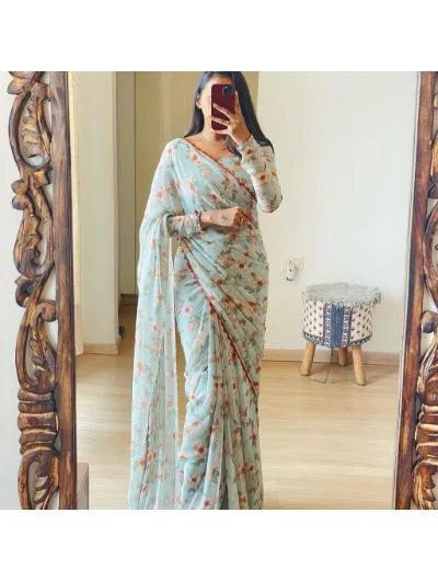 One Minute Light Blue Floral Print Saree