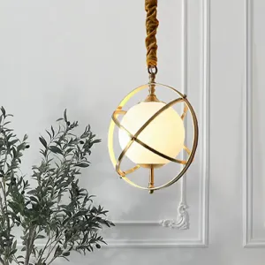 Postmodern Brass Orbit Pendant Light with White Glass Shade