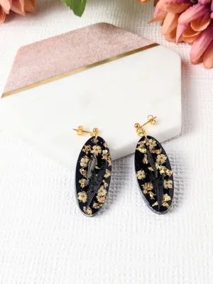 "Millie" Japanese Sambuca Real Flowers with Gold Leaf Oval Dangle Earrings