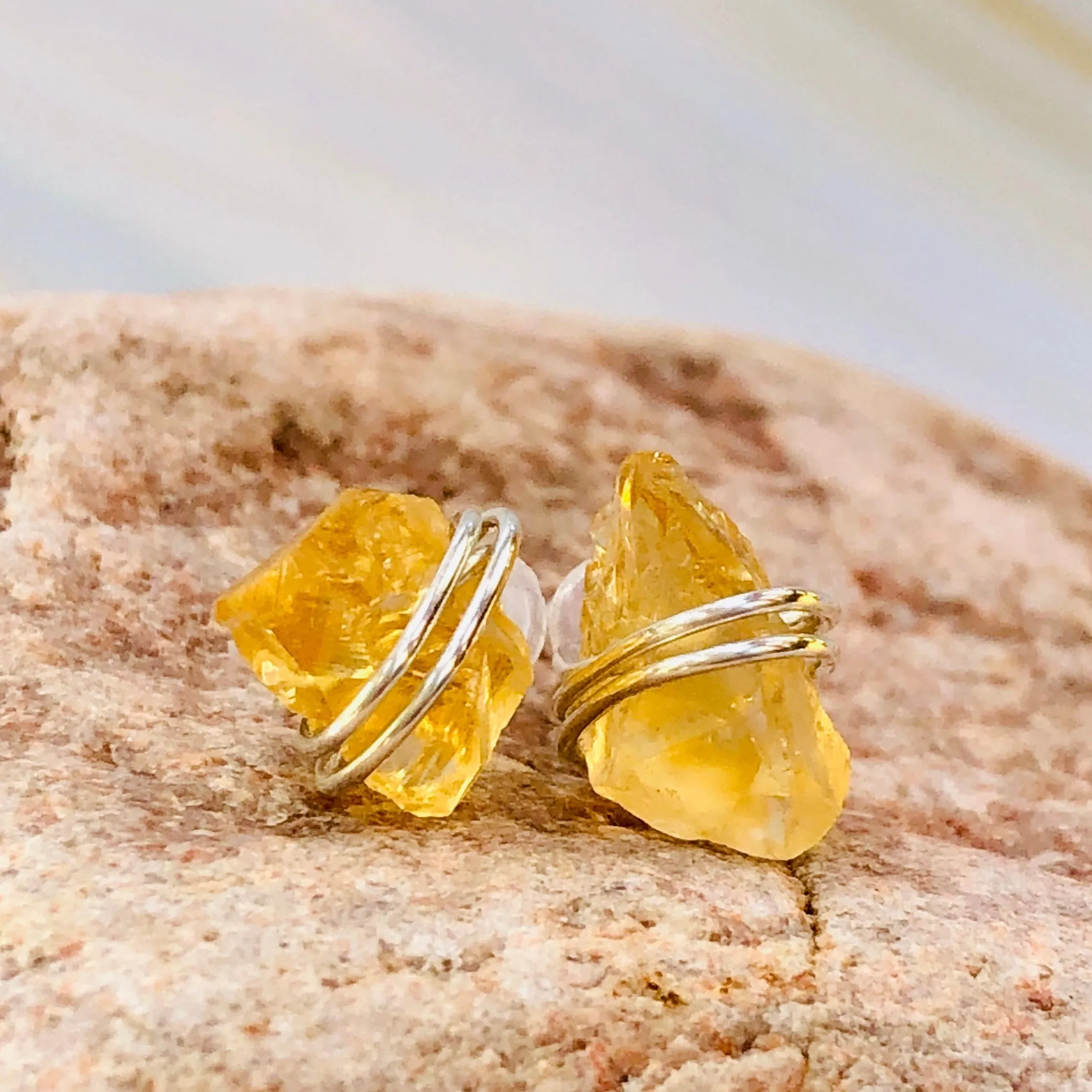 Raw Citrine Post Earrings, dainty raw citrine stud earrings, artisan citrine earrings