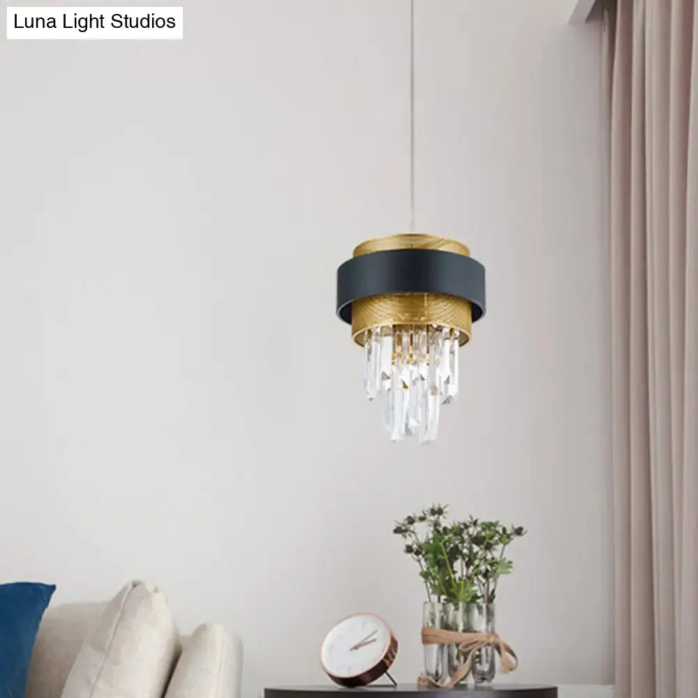 Retro Layered Hanging Lamp with Crystal Rod - 1 Bulb Suspension Lighting with Circle Guard in Black & Gold