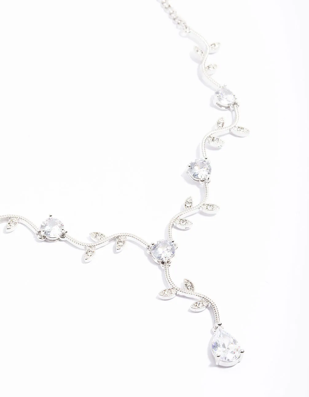 Rhodium Cubic Zirconia Floral Teardrop Y-Shape Necklace