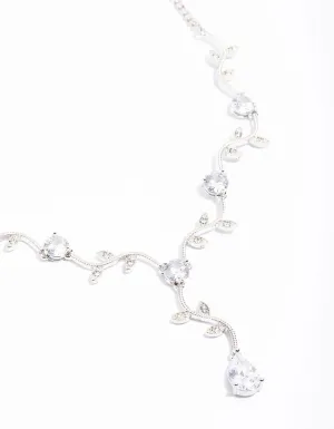 Rhodium Cubic Zirconia Floral Teardrop Y-Shape Necklace