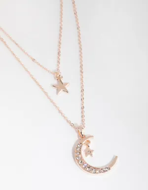 Rose Gold Diamante Moon & Star Necklace