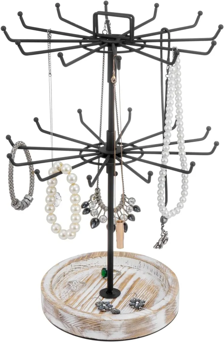 Rotating Tiered Jewelry Tree in Black Metal with Whitewashed Wood Base, Spinning Necklace Tower Display Stand