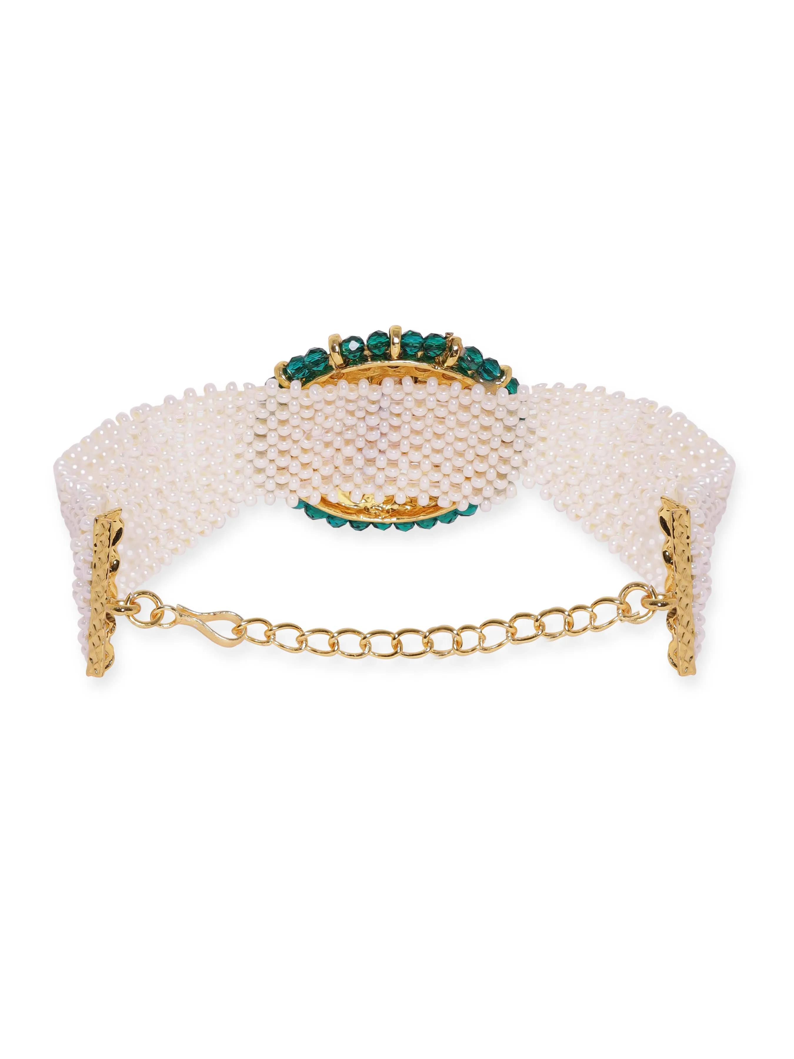 Rubans 22K Gold Plated Kundan Studded Green Crystal & Pearl braid beaded Handcrafted Bracelet