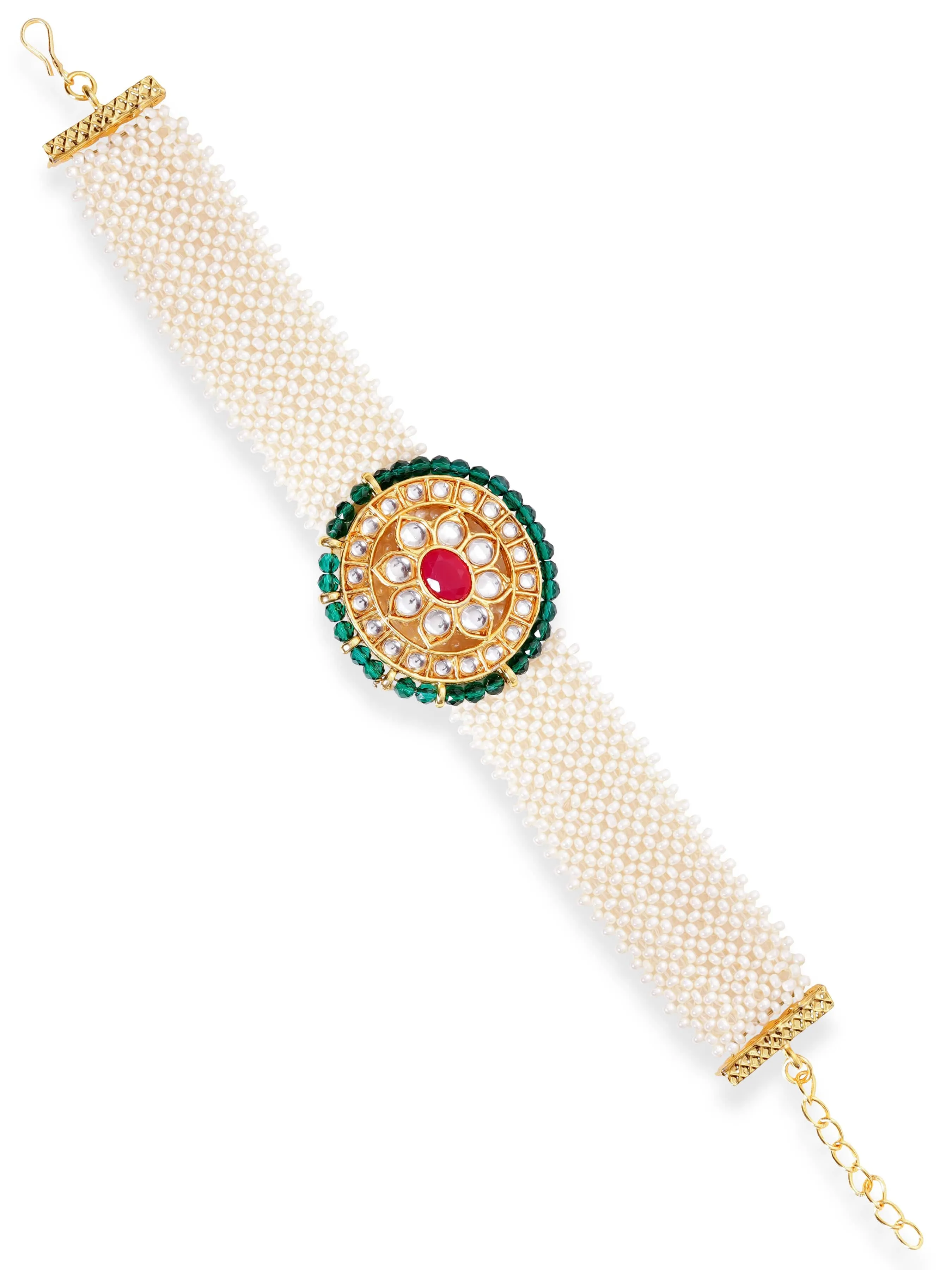 Rubans 22K Gold Plated Kundan Studded Green Crystal & Pearl braid beaded Handcrafted Bracelet