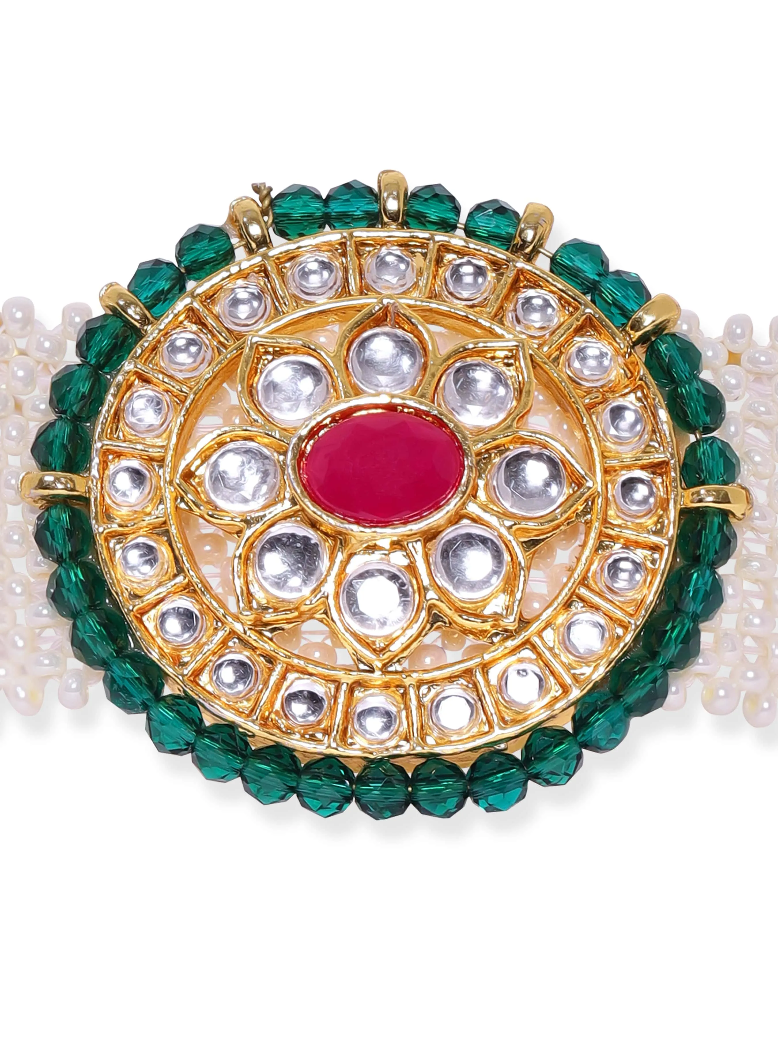 Rubans 22K Gold Plated Kundan Studded Green Crystal & Pearl braid beaded Handcrafted Bracelet