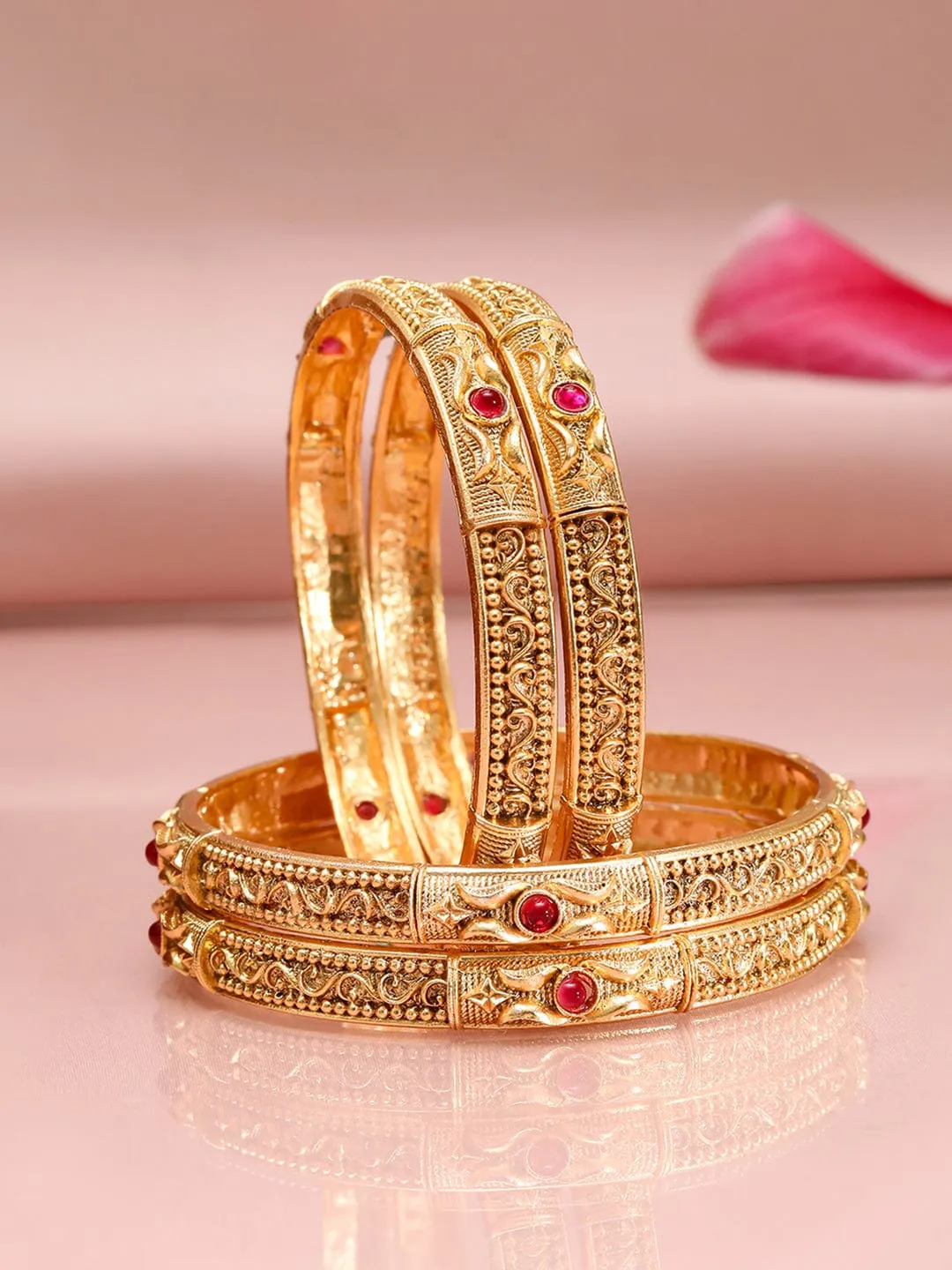 Rubans Pack Of 2 22K Gold-Plated CZ Studded Contemporary Bangle