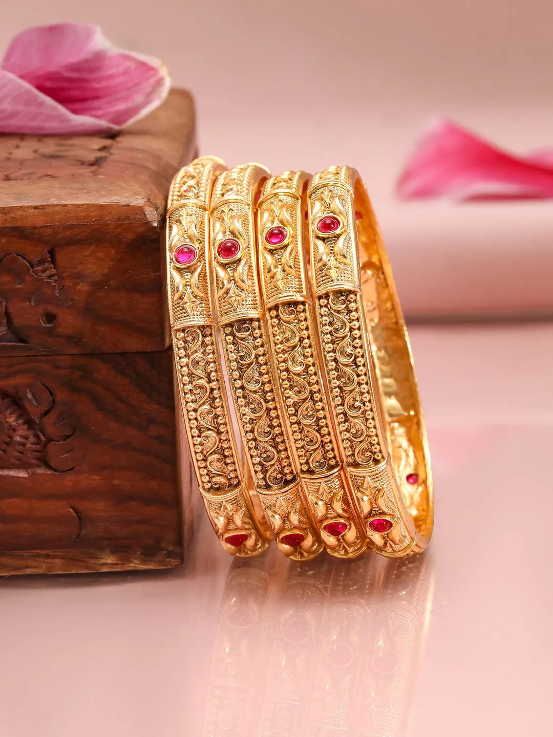 Rubans Pack Of 2 22K Gold-Plated CZ Studded Contemporary Bangle