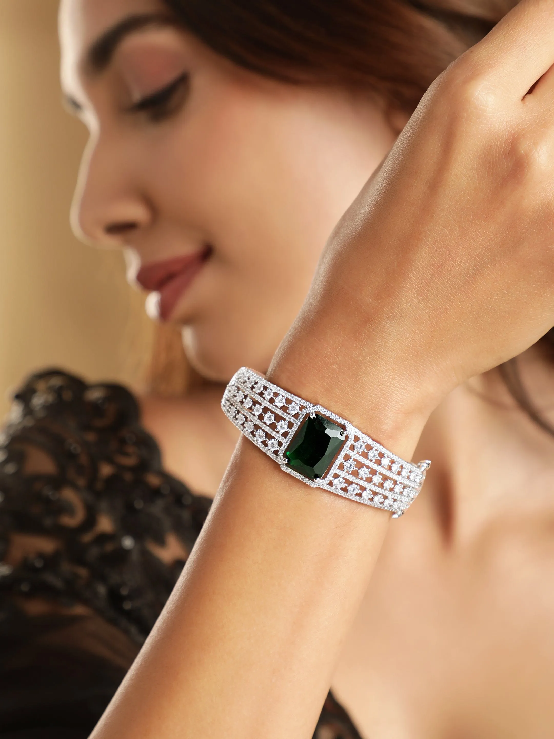 Rubans Rhodium plated Emerald Zirconia Studded Statement Bracelet