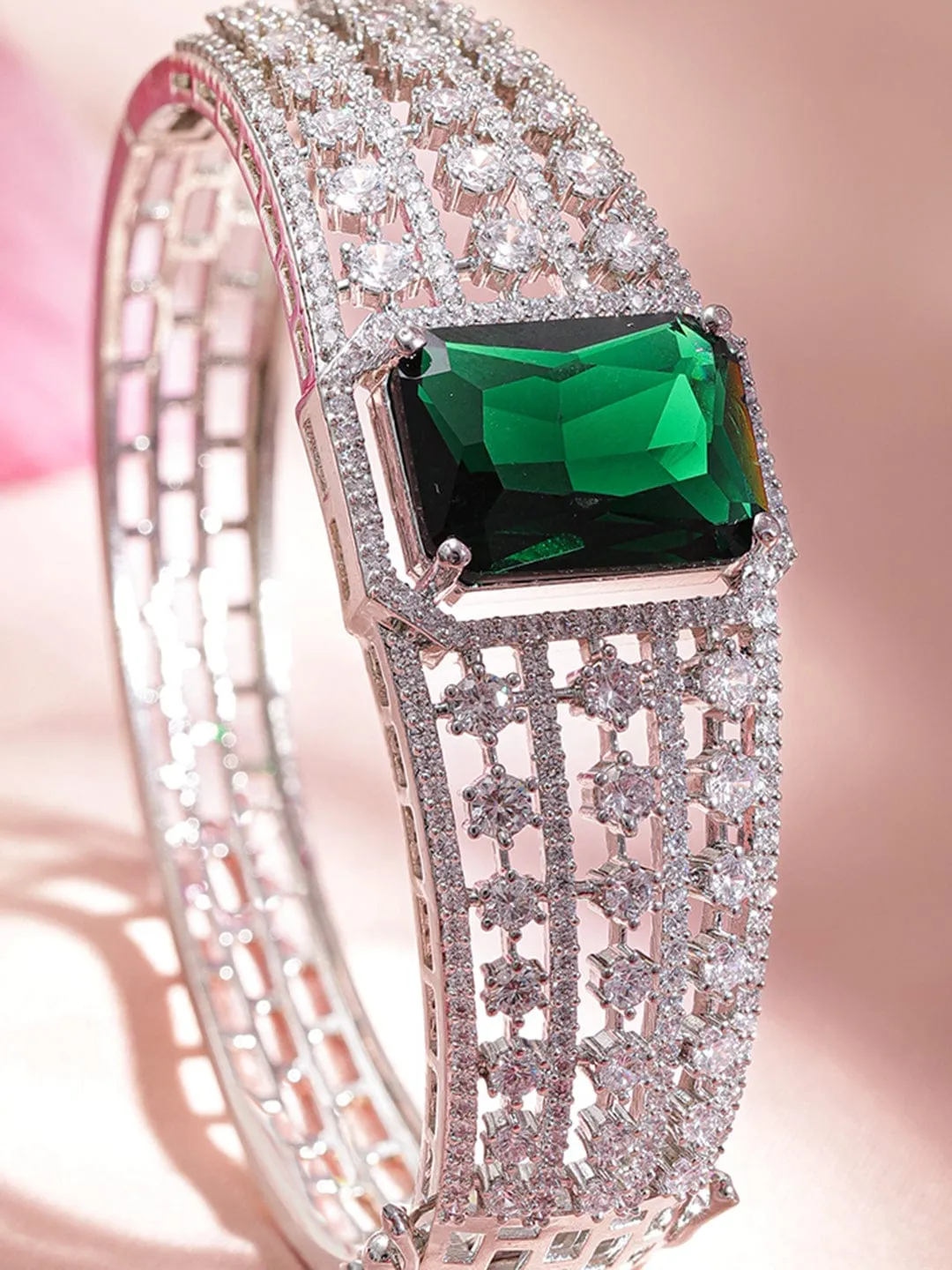 Rubans Rhodium plated Emerald Zirconia Studded Statement Bracelet