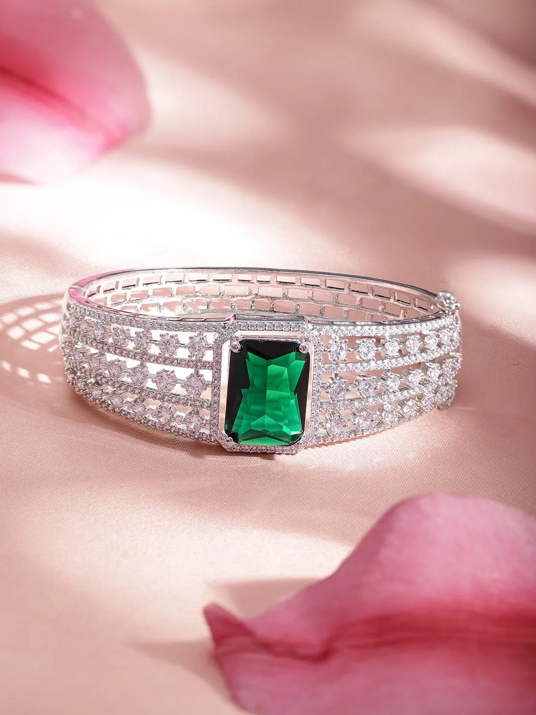 Rubans Rhodium plated Emerald Zirconia Studded Statement Bracelet