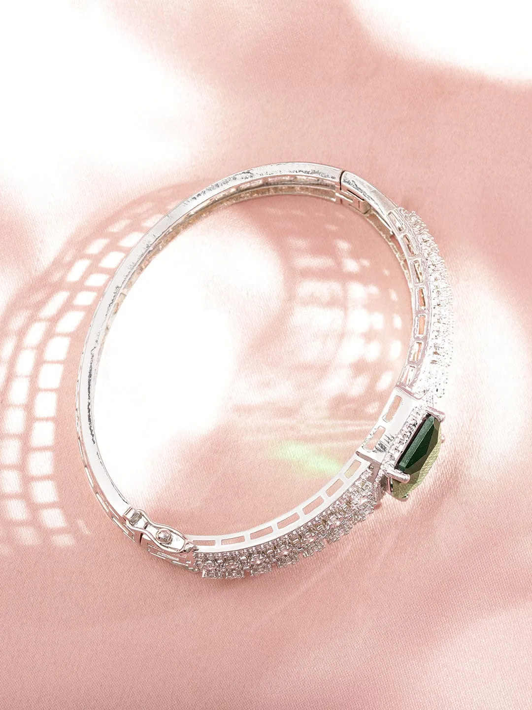 Rubans Rhodium plated Emerald Zirconia Studded Statement Bracelet