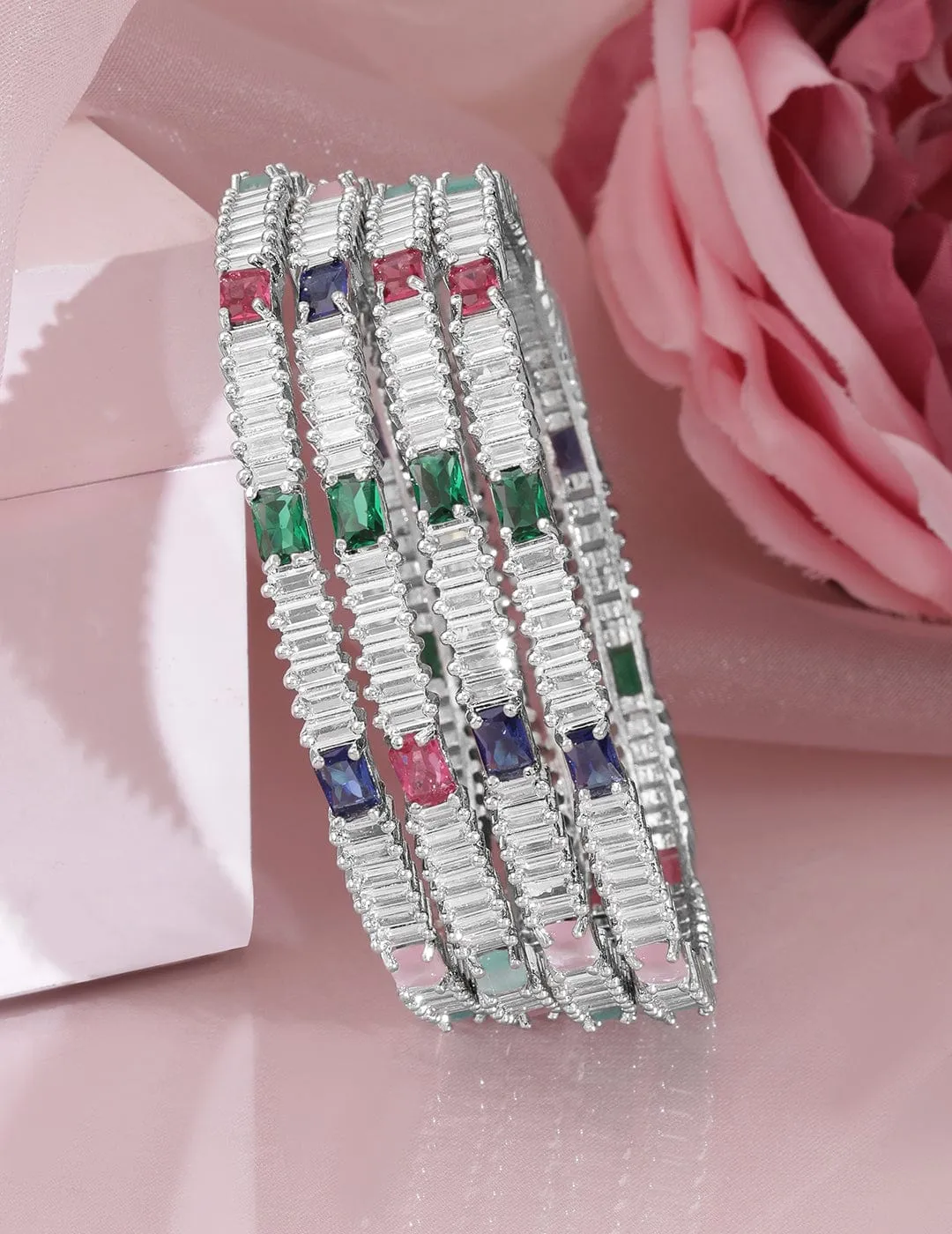 Rubans Set of 4 Rhodium-Plated Multicolor AD and Cubic Zirconia Studded Premium Bangles