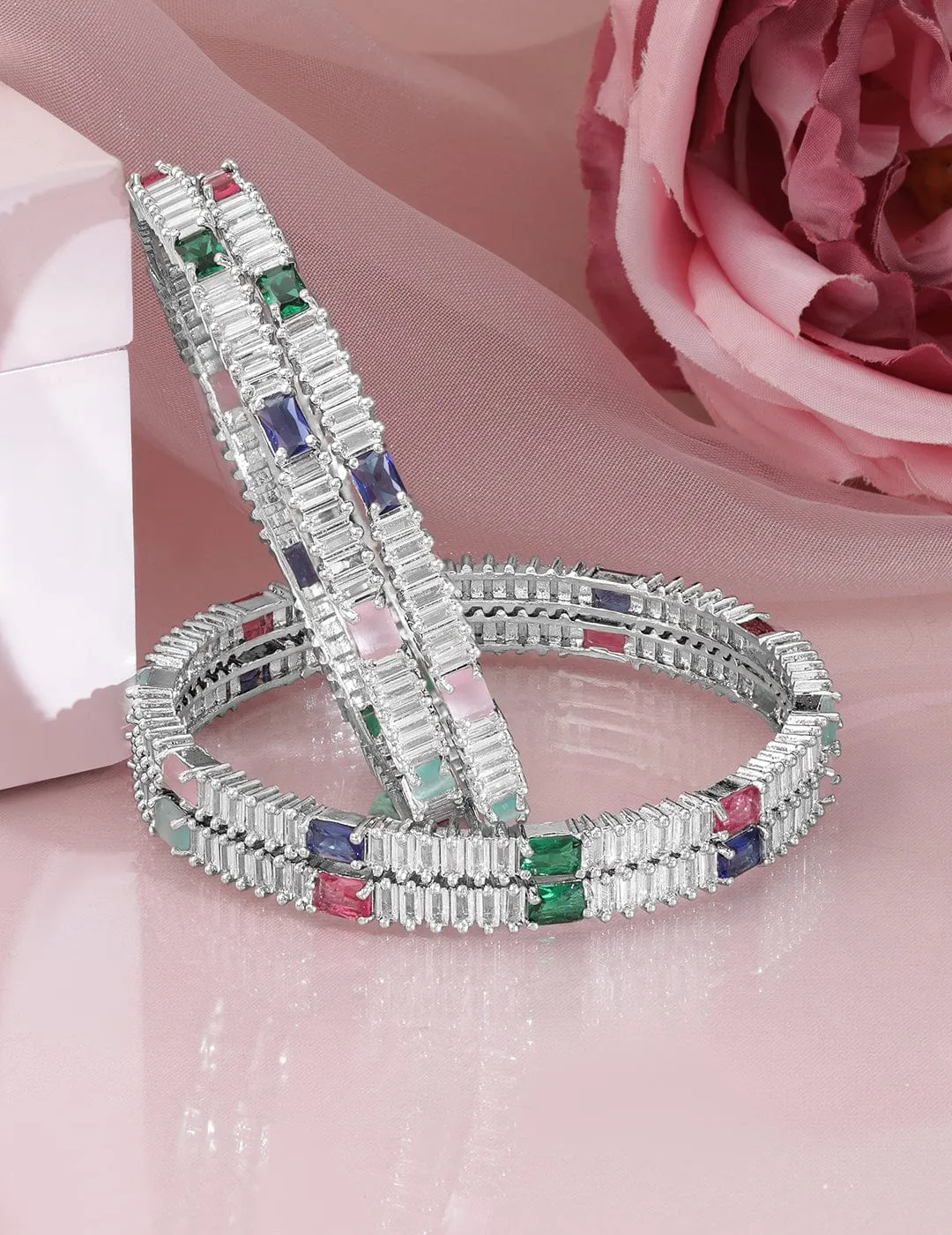 Rubans Set of 4 Rhodium-Plated Multicolor AD and Cubic Zirconia Studded Premium Bangles