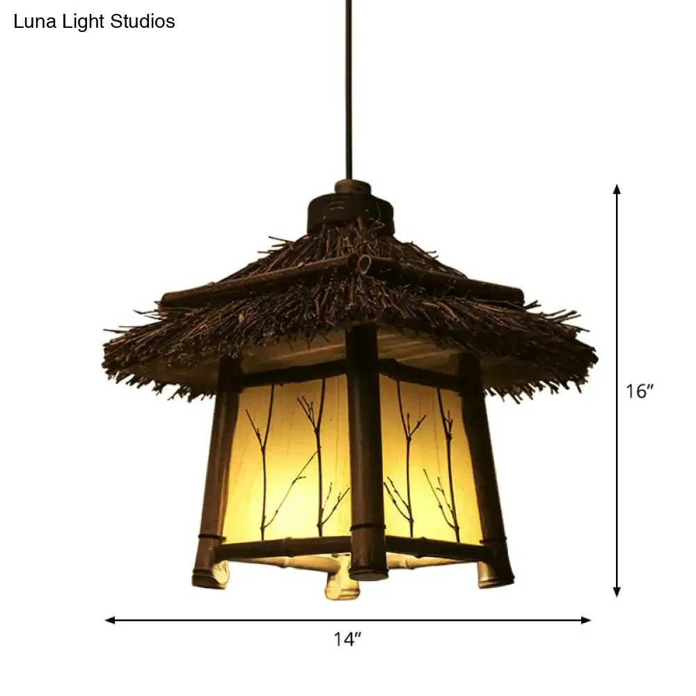 Rustic House Shaped Pendant Lighting: Bamboo Tearoom Ceiling Light in Brown