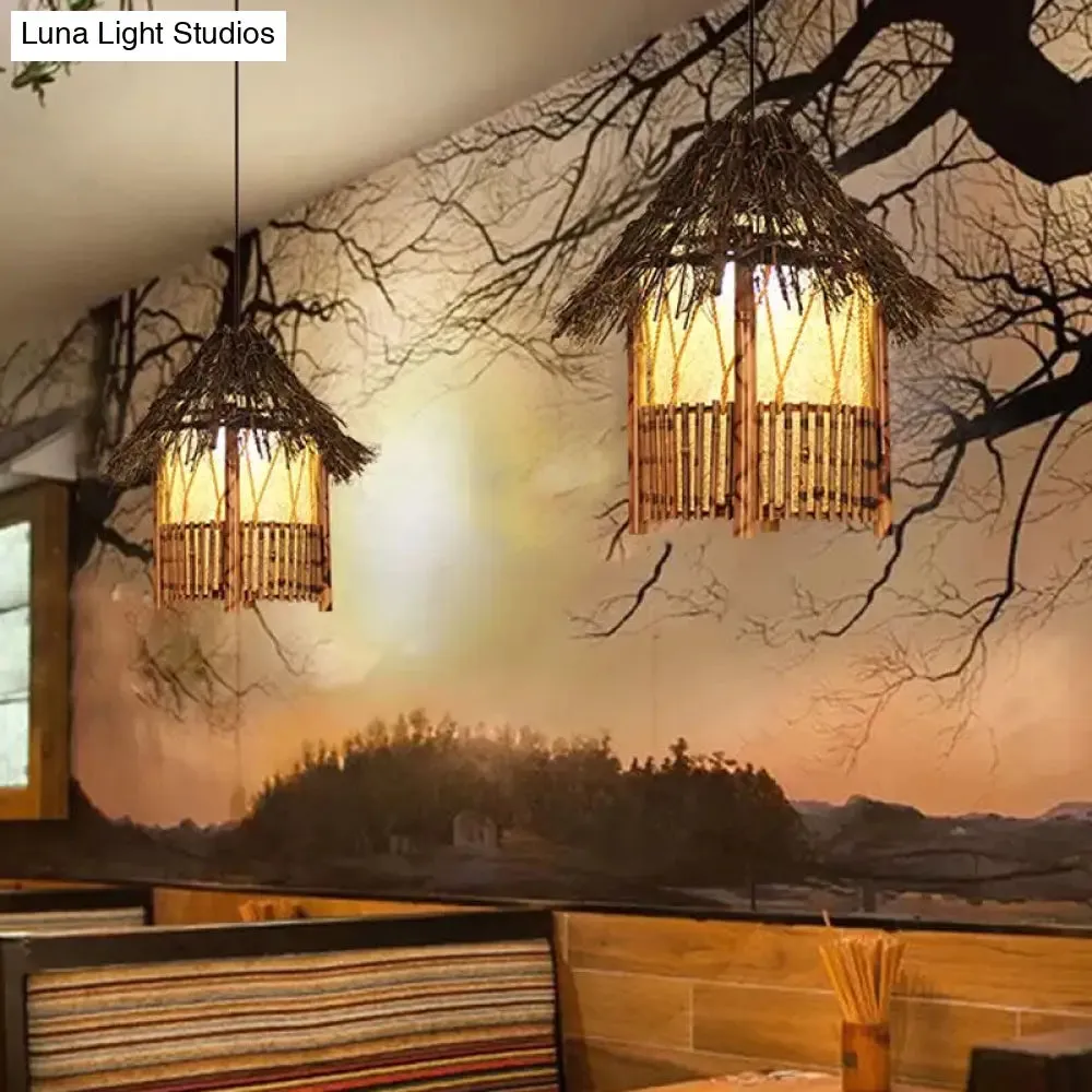 Rustic House Shaped Pendant Lighting: Bamboo Tearoom Ceiling Light in Brown