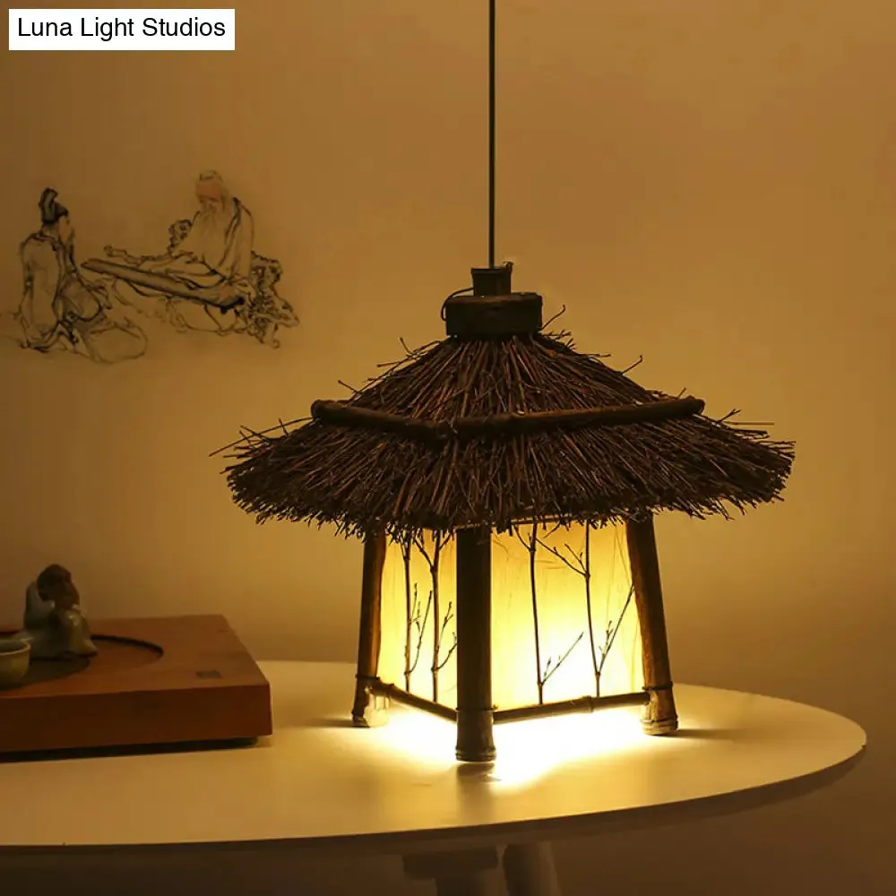 Rustic House Shaped Pendant Lighting: Bamboo Tearoom Ceiling Light in Brown