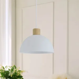 Simplicity Single White Acrylic Bowl Pendant Light with Wood Cap - Hanging Suspension Light