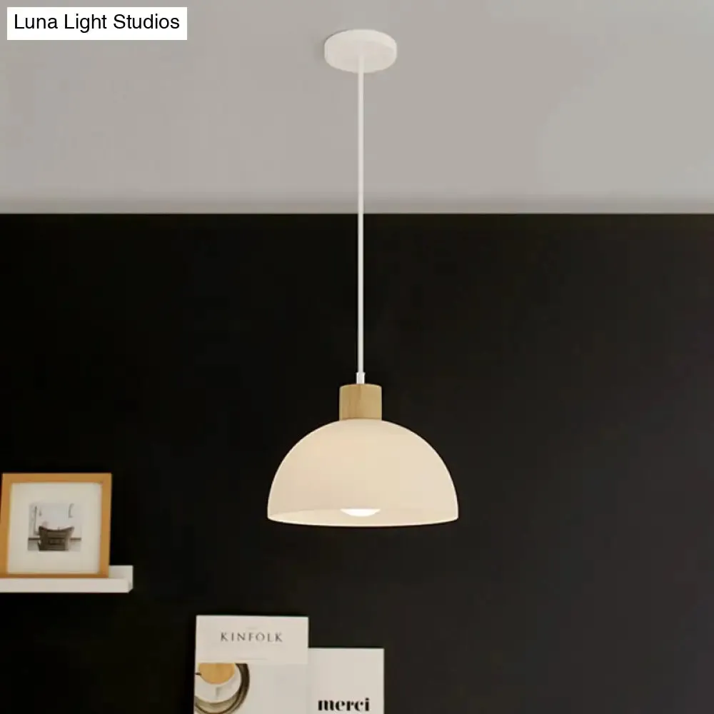 Simplicity Single White Acrylic Bowl Pendant Light with Wood Cap - Hanging Suspension Light