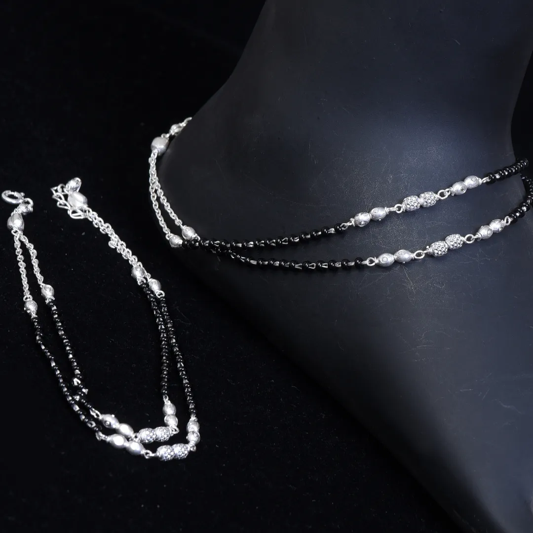 Sophisticated Chic: Sterling Silver Chain Anklet with Black Gemstone Beads - Elevate Your Style