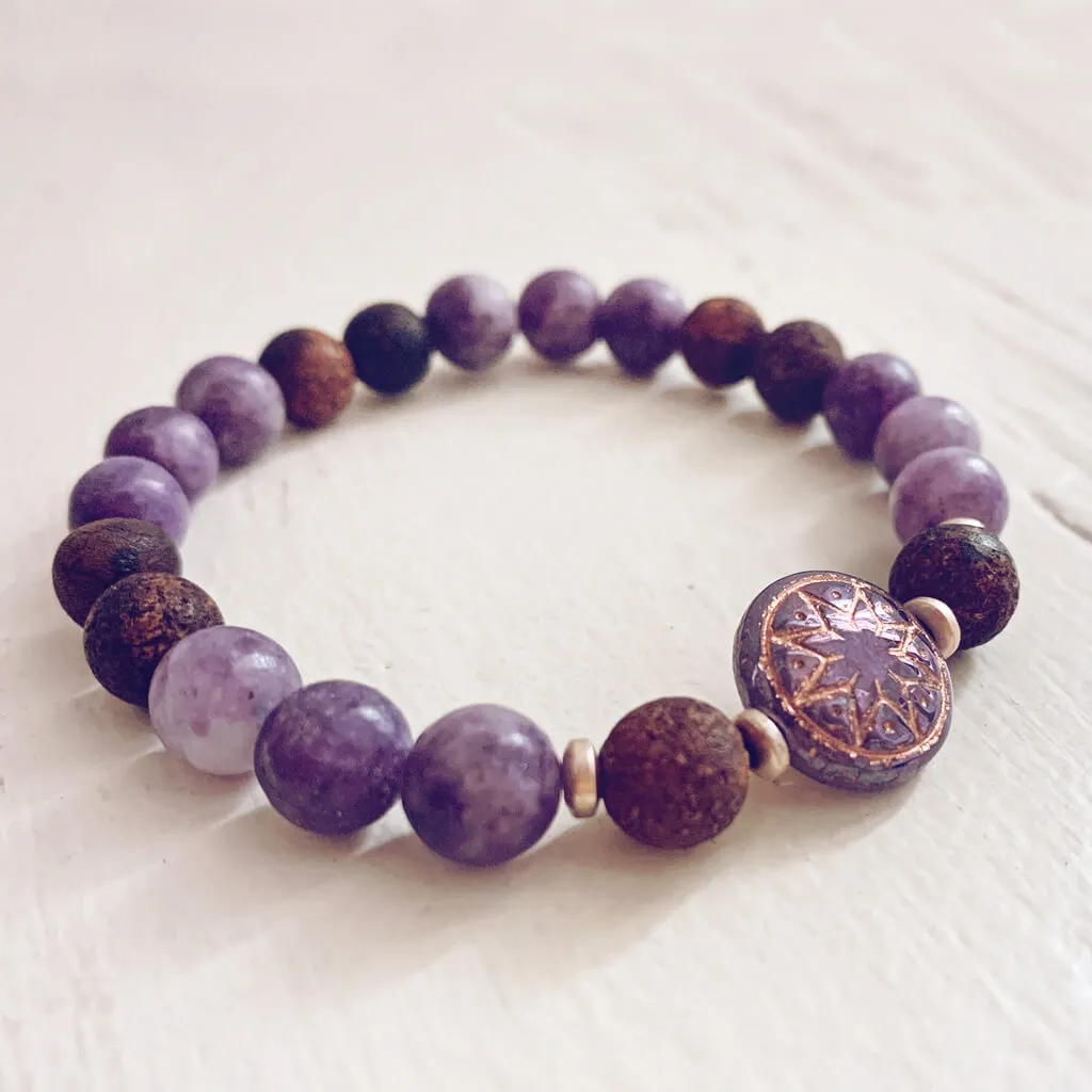 star of venus // beaded rhodochrosite or lepidolite gemstone bracelet with ishtar bead