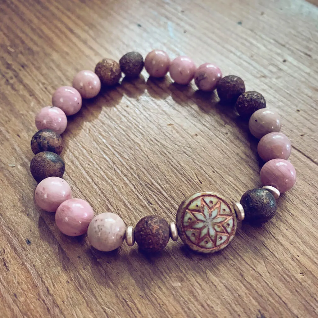 star of venus // beaded rhodochrosite or lepidolite gemstone bracelet with ishtar bead