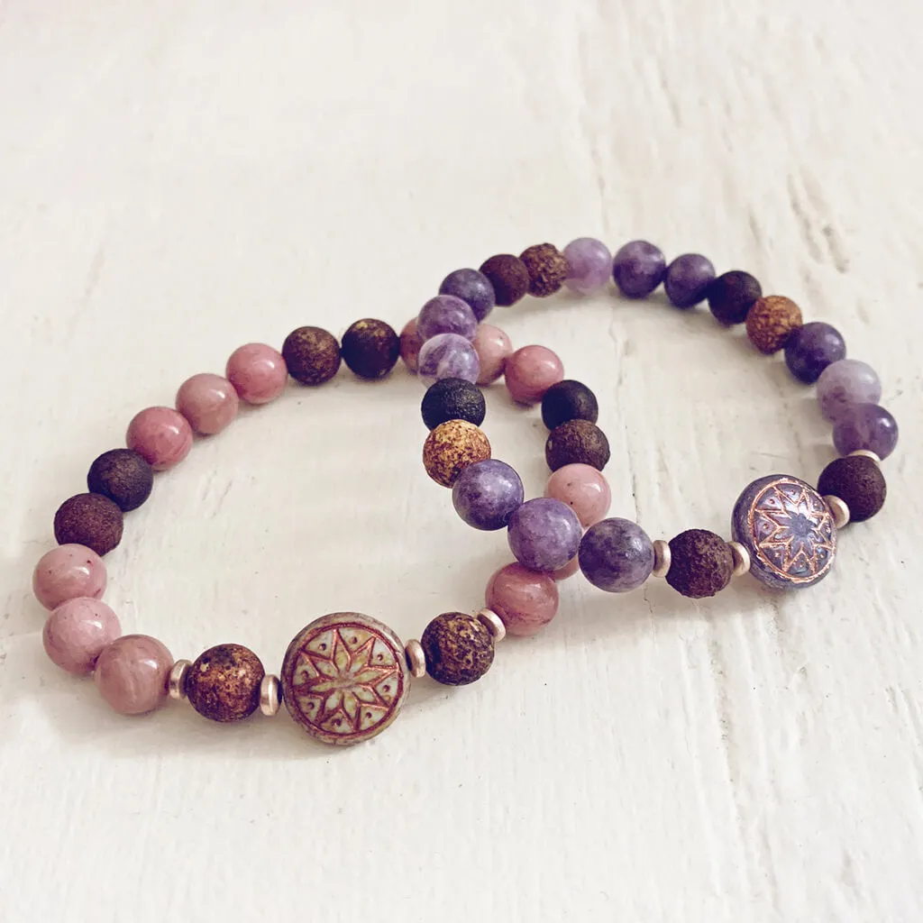 star of venus // beaded rhodochrosite or lepidolite gemstone bracelet with ishtar bead