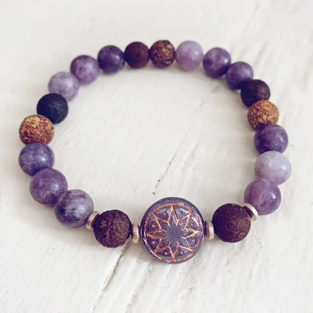 star of venus // beaded rhodochrosite or lepidolite gemstone bracelet with ishtar bead