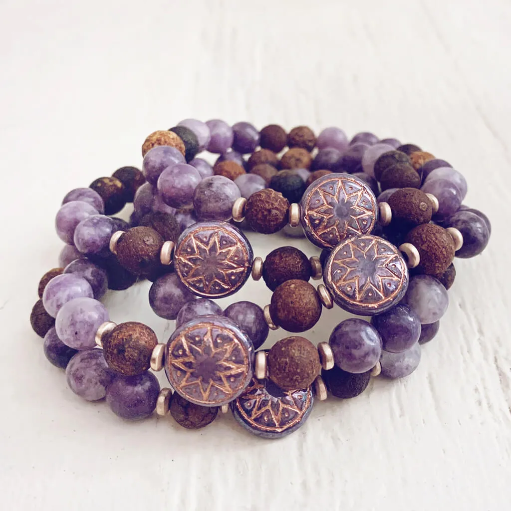 star of venus // beaded rhodochrosite or lepidolite gemstone bracelet with ishtar bead