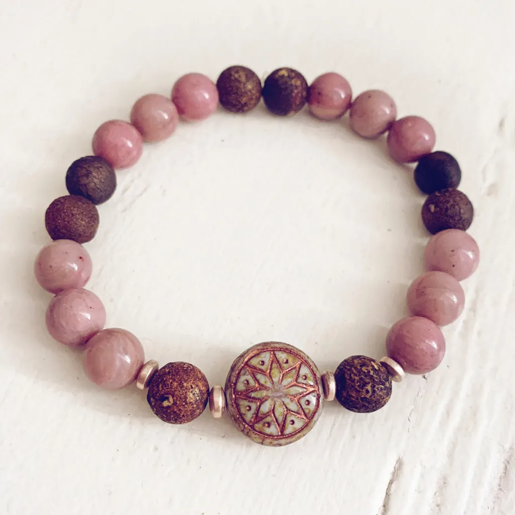 star of venus // beaded rhodochrosite or lepidolite gemstone bracelet with ishtar bead