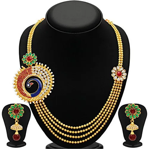 Sukkhi Eye-Catchy Peacock Four Strings Gold Plated Necklace Set for Women