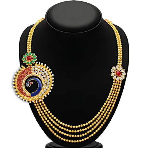 Sukkhi Eye-Catchy Peacock Four Strings Gold Plated Necklace Set for Women