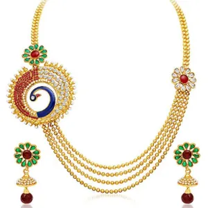 Sukkhi Eye-Catchy Peacock Four Strings Gold Plated Necklace Set for Women